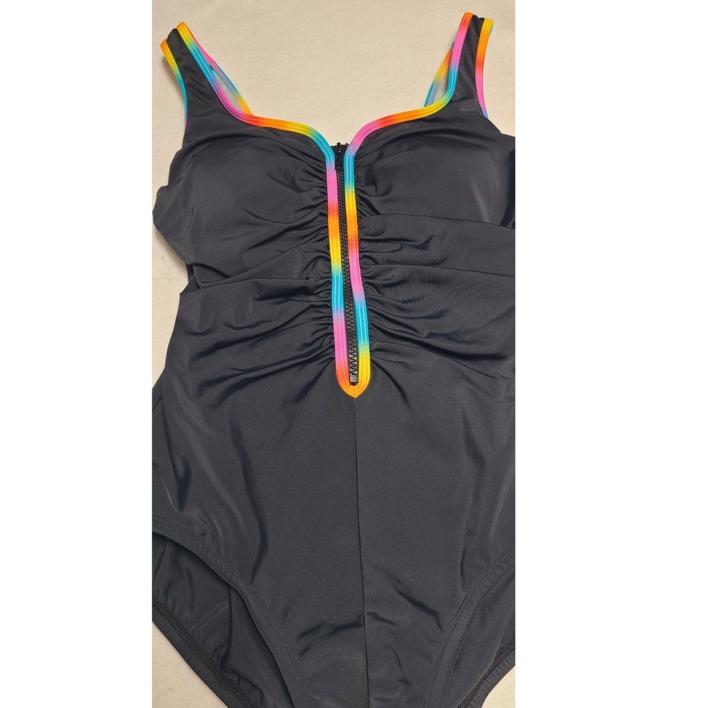 ShapeSolver Sport Mimi Flamingo Black Rainbow Zip Front One Piece Swimsuit 6 NEW - Picture 3 of 9